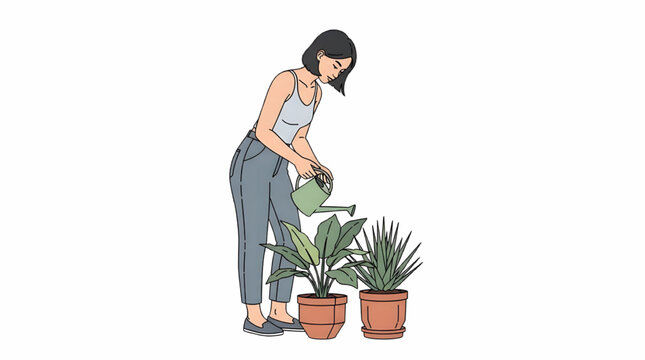 Young Woman Watering Plants 2D AutoCAD Style Illustration, Minimal Flat Gardening Scene, Architectural Vector Drawing