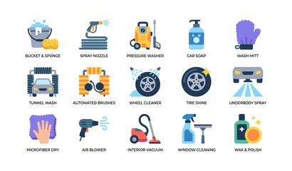 Obraz premium Car wash and detailing tool icons displayed on white grid