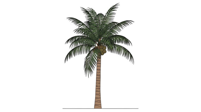 Palm Tree Side Elevation 2D AutoCAD Style Illustration, Minimal Flat Tropical Landscape Vector, CAD Inspired Tree Design Isolated on White Background