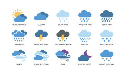 Obraz premium Weather condition icons depicting clouds and precipitation on white