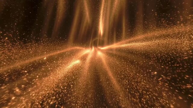 Golden sparkling particles flowing in an abstract style on a dark background, conveying a concept of energy motion