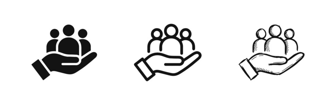 Customer Care and People Support Icons Set in Solid Outline and Hand Drawn Sketch Styles