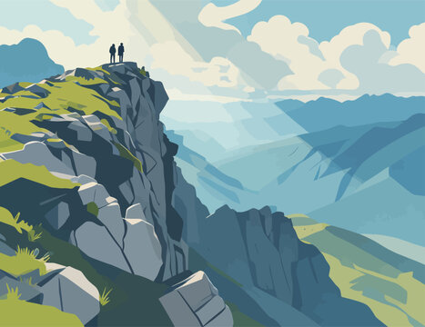 Two Hikers Standing on the Mountain Cliff Overlooking Distant Peaks