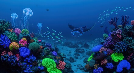 Obraz premium Vibrant underwater scene with a manta ray and jellyfish swimming through a colorful coral reef ecosystem in deep blue ocean water.