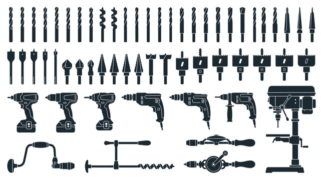 Collection of various professional drilling tools and drill bits silhouettes.