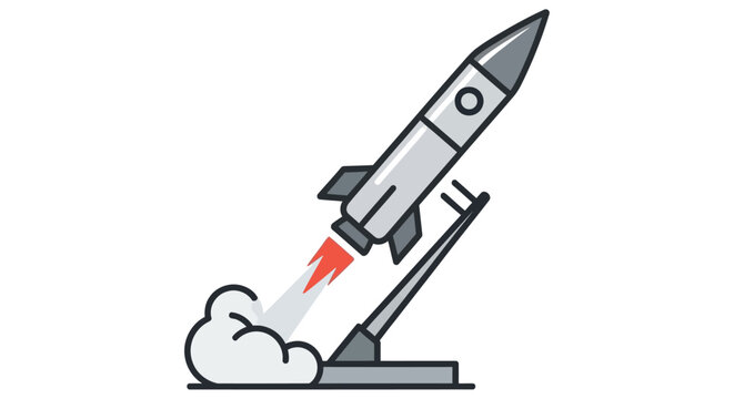 Cartoon rocket launching from a launchpad with orange and white flames