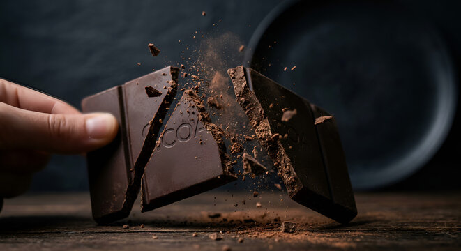 Close-up of a hand breaking a dark chocolate bar with ripples in the background illustrating indulgence and sensory delight