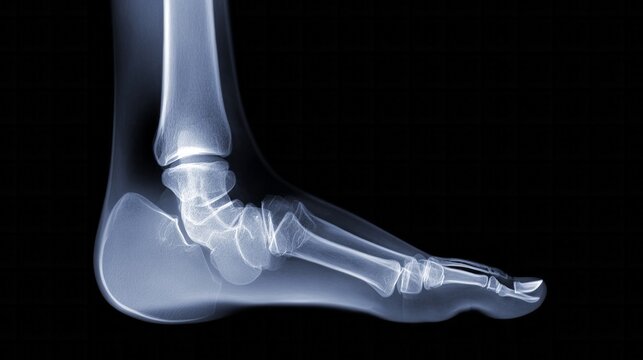 Lateral view of a human foot x ray highlighting the bones of the ankle and foot for medical diagnosis