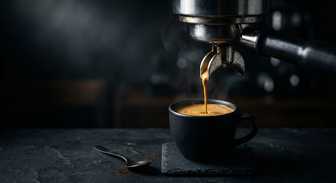 Freshly Brewed Coffee Pouring from Espresso Machine into Black Mug on Dark Countertop