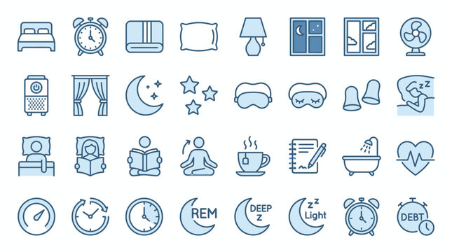 Set of Sleep and Circadian Rhythm Related Line Icons Featuring Bed, Alarm Clock, Pillow, Moon, Stars, Window, and Sleep Stages like REM, Deep, and Light Sleep, isolated white background.