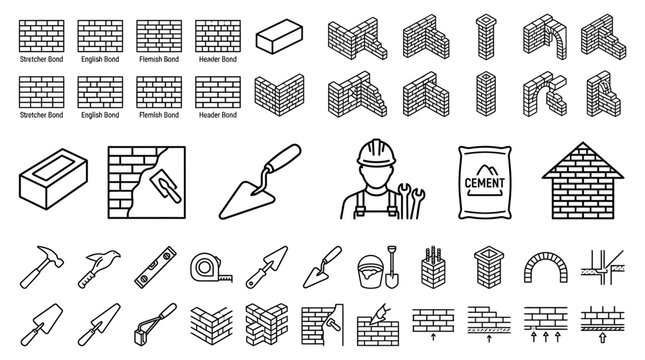Set of construction icons for brickwork and masonry.