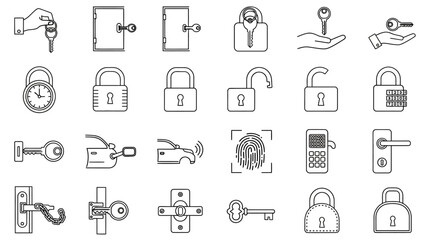 Fototapeta premium Lock icons, security symbols, padlock graphics, key illustrations, 25 black and white line icons