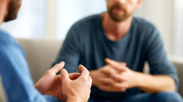 People sharing communication, ideas during a discussion or a therapy session. Focus on hands explaining