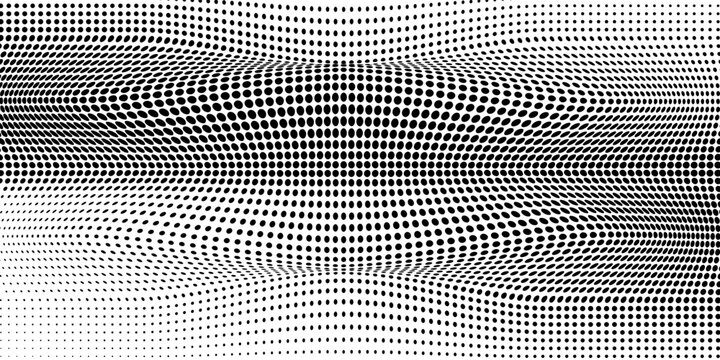 Abstract halftone wave dotted background. Futuristic twisted grunge pattern, dot, circles