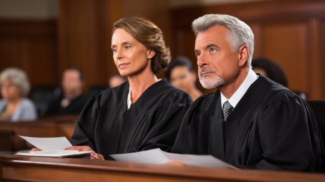 Two judges wearing black robes attentively listening in a courtroom during legal proceedings, embodying justice and law