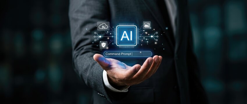 Ai command demonstration in business technology virtual environment digital interaction futuristic perspective innovation focus