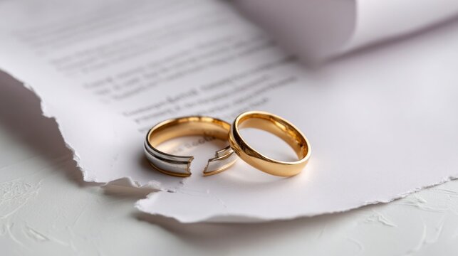 Broken wedding ring and intact band resting on a ripped legal document, symbolizing marriage ending and divorce