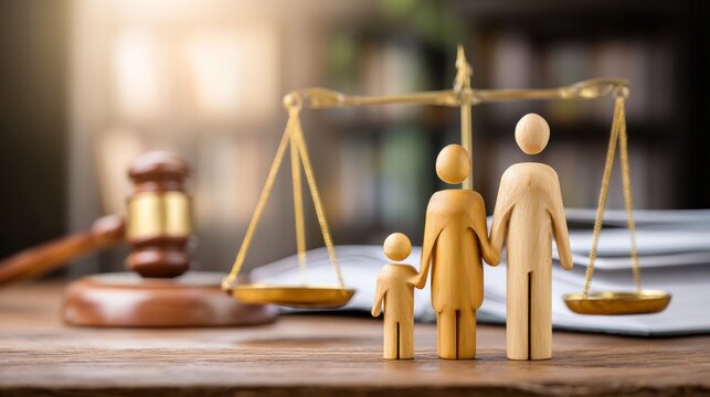 Wooden family figures standing on a desk with scales of justice and gavel, representing family law, rights, and legal protection