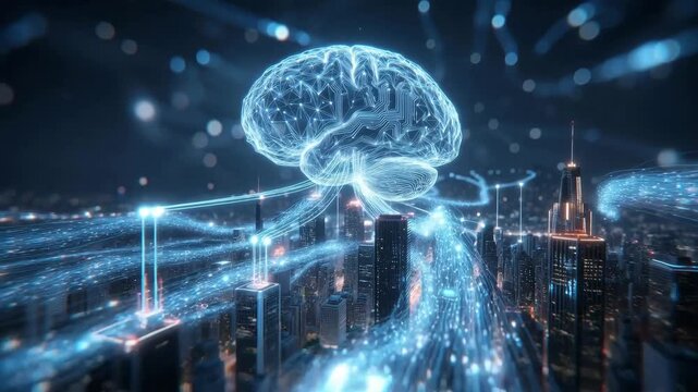Glowing digital brain above futuristic cityscape in luminous tech style on dark background, concept of advanced connectivity