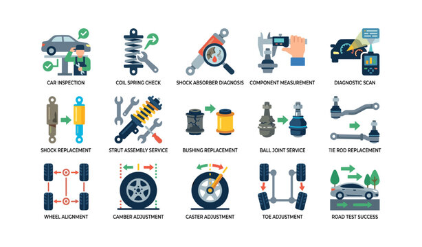 Vehicle suspension and alignment service icons on white