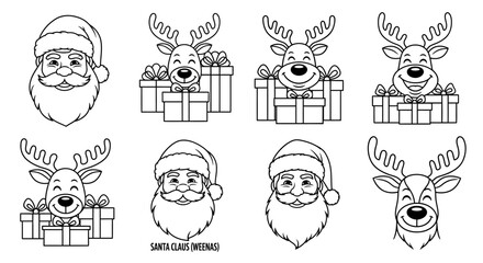 Christmas icons, Santa Claus drawings, reindeer illustrations, holiday line art, 8 festive vector graphics © Adam