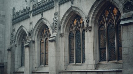 Obraz premium Gothic Architecture With Arched Windows And Intricate Stonework. Historic Building Facade Showcasing Medieval Design