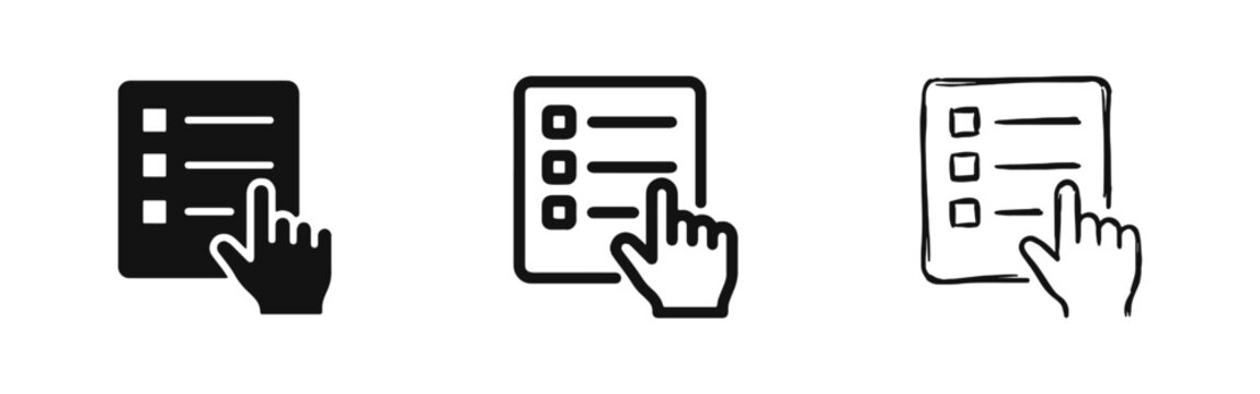 Selection Icon Set, Hand Clicking List Item, Solid Outline and Sketch Style