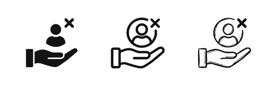 Delete User Icon Set with Hand Holding Person and Cross Symbol in Three Styles