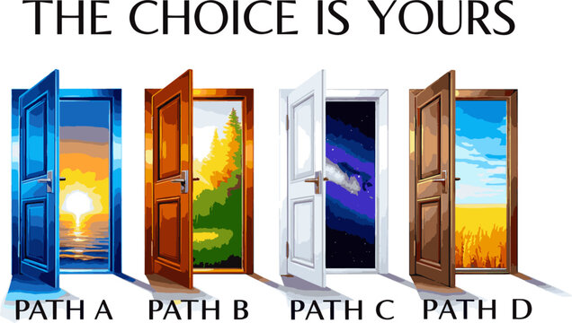 Create a realistic Four open abstract doors - choice concept vector art with white background..