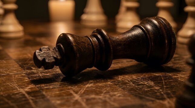 fallen dark wooden chess king with crown on scratched board