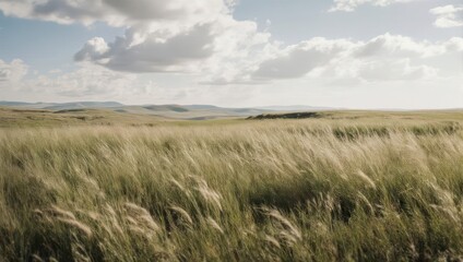 Obraz premium Golden Field of Grass Swaying in the Wind Under a Cloudy Sky.
