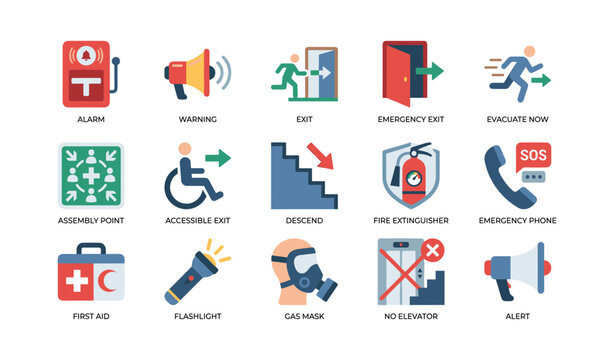 Emergency and safety icons showing exit and rescue symbols