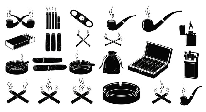 Smoking icons, cigarette symbols, pipe and lighter graphics, black vector set