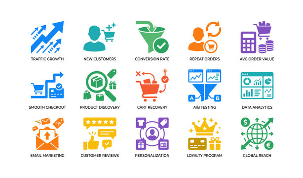 Ecommerce performance icons showing metrics growth on white background