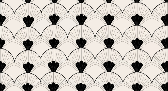 Black and white scallop shell seamless pattern, heart shaped fan design, vector background texture, elegant wallpaper