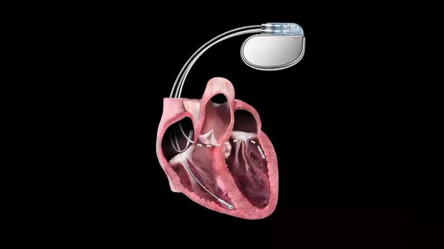 Implantable Cardiac Pacemaker with Detailed Human Heart Anatomy Isolated on Black Background 3D Medical Illustration