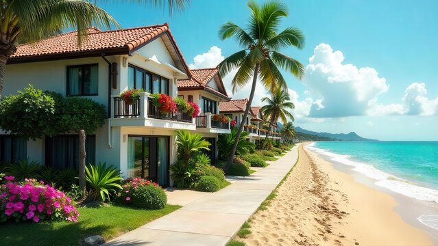 Luxury beachfront homes with tropical landscaping and a pristine sandy walkway