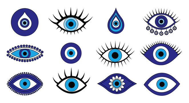 Evil eye icons, blue nazar symbols, vector illustrations, eye protection charms, blue evil eye collection
