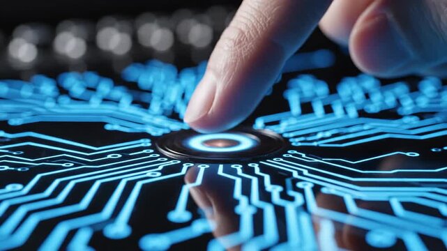 Finger touching glowing blue digital button on black surface