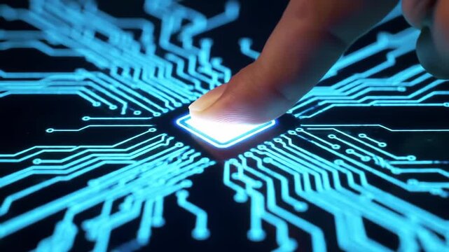 Finger touching glowing blue digital circuit board interface