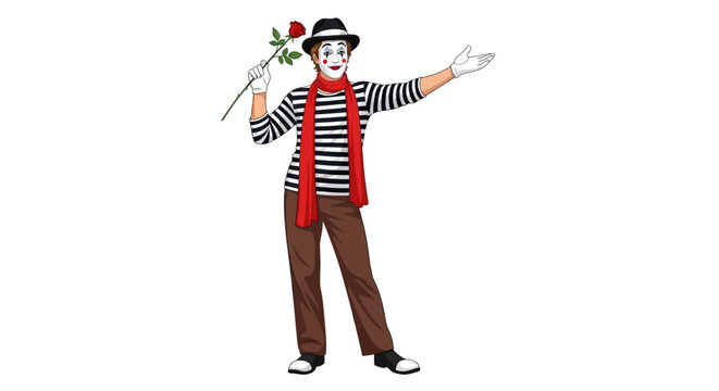 Mime artist, cartoon character, black and white striped shirt, red vest, brown pants, vector illustration, comedy, theater, performance, entertainment, mime