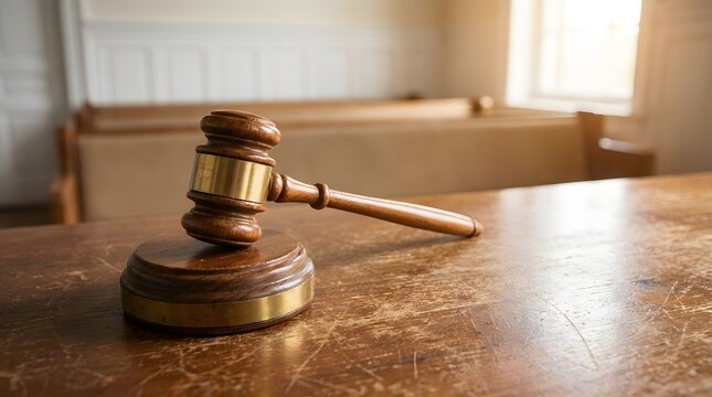 Wooden gavel on desk in courtroom