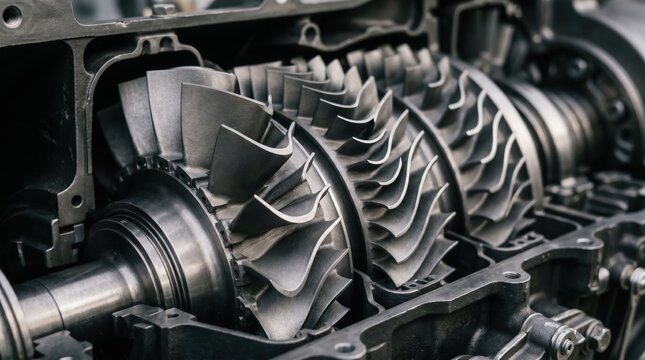 Closeup view of lightweight titanium alloy compressor rotors showcasing sleek 3Dprinted designs optimized for superior airflow and enhanced engine performance.