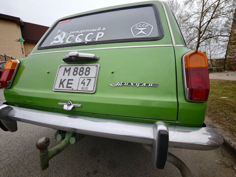 Sosnoviy Bor, Russia - April 30, 2026: Lada VAZ vintage car with Soviet-era license plate parked on street, displaying distinctive green color and rear design elements