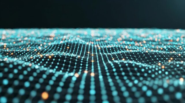 Futuristic glowing blue digital network mesh with orange data nodes