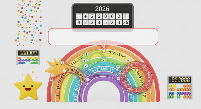 Colorful mathematical elements including a rainbow arch with numbers, a smiling star, and abaci, symbolizing learning and calculation, with free space for text.