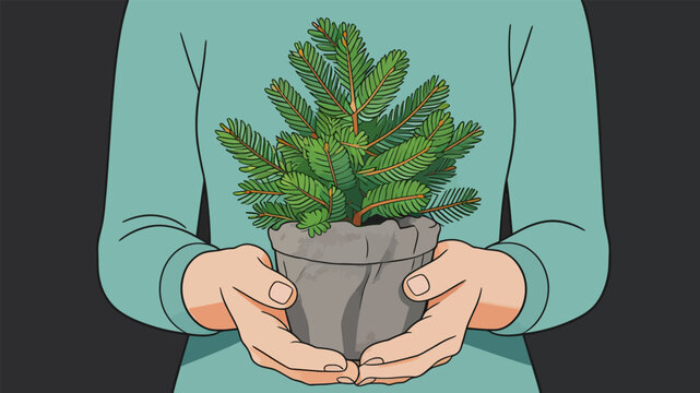 Cartoon Person Holding a Potted Conifer Sapling