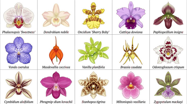 Set of fifteen colorful tropical orchid flower illustrations with scientific names.