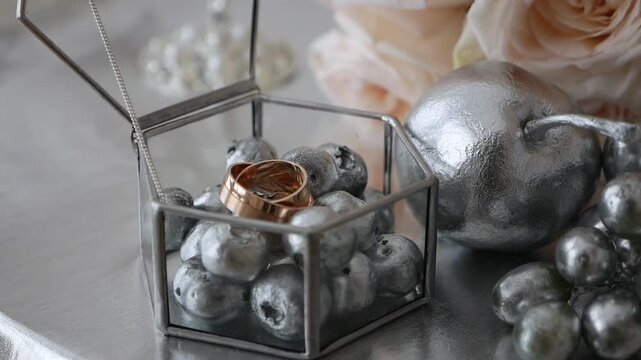 The wedding rings are in a glass box with silver berries, next to the wedding bouquet. Wedding decor.