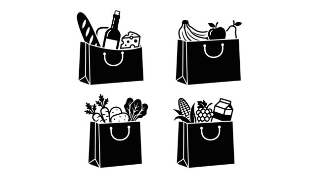 Set of four black and white grocery shopping bag icons with fresh food.